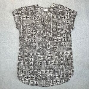 J.Jill Geometric Tribal Print Top Women's Medium Black White Cap Sleeve